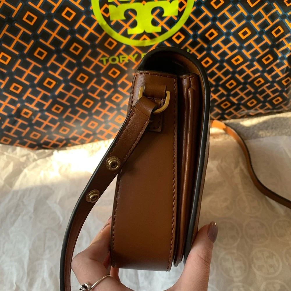 Tory Burch Emerson Woven Crossbody Bag Multicolor Orange White Tan Brown Gold - Picture 5 of 15